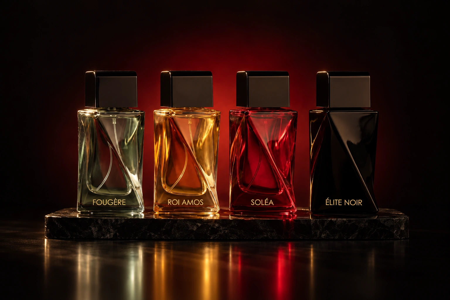 Four ONE fragrances on an obsidian platform in warm light against a dark oxblood backdrop