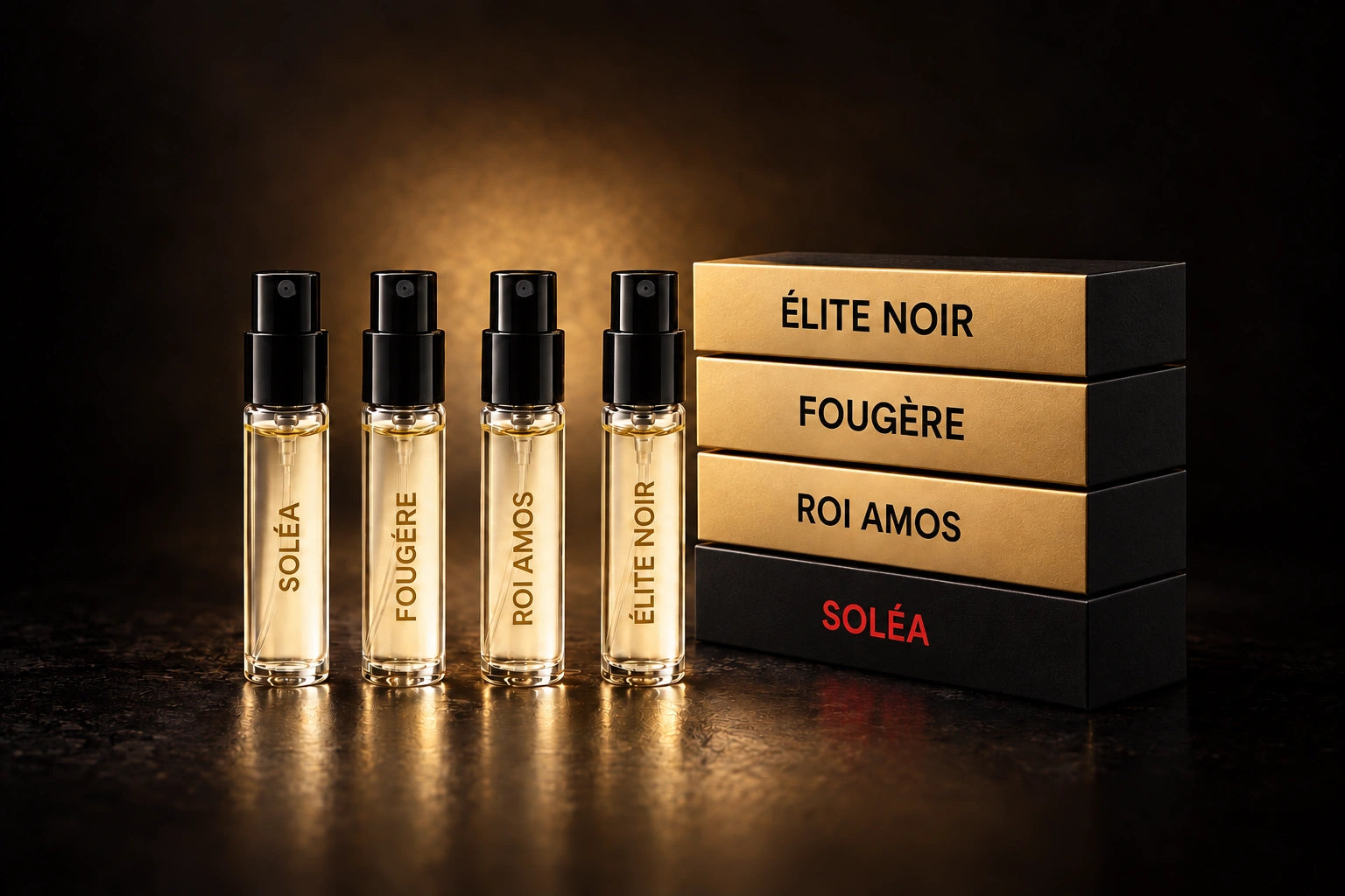 Four ONE fragrance samples beside gold cartons and the black-and-red SOLÉA carton in warm studio light