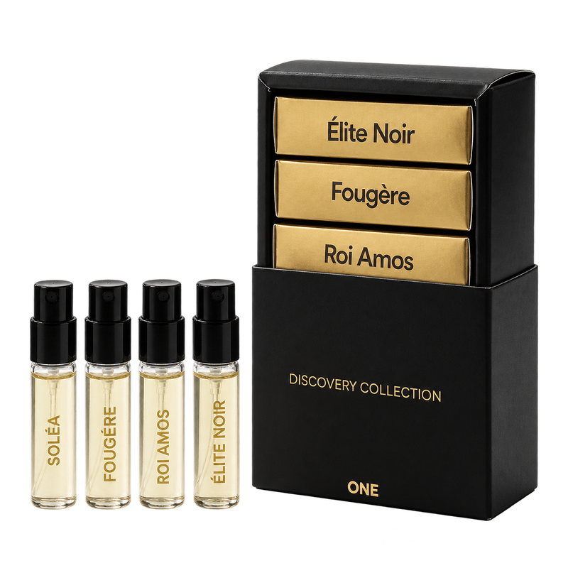 ONE Discovery Collection in its black presentation sleeve, with gold cartons and four fragrance samples