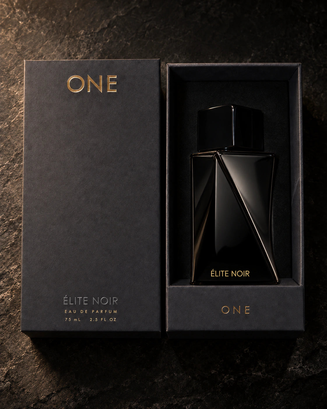 Élite Noir 75 ml bottle in its fitted black presentation box beside the charcoal lid with ONE branding