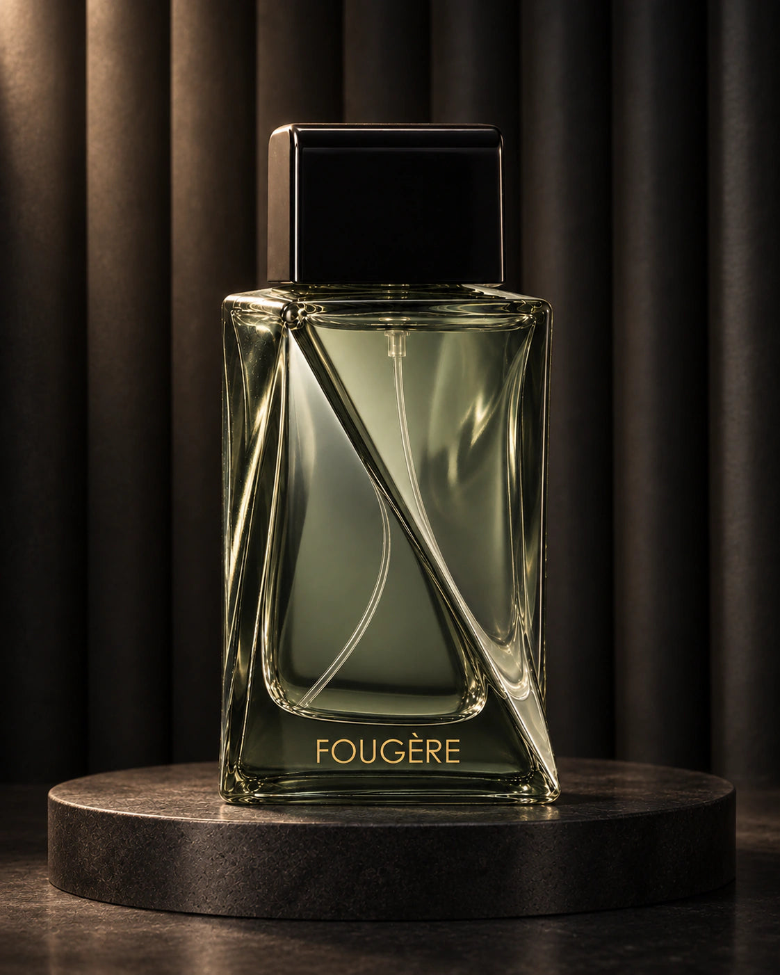 Fougère 75 ml bottle on a circular charcoal podium against a fluted backdrop