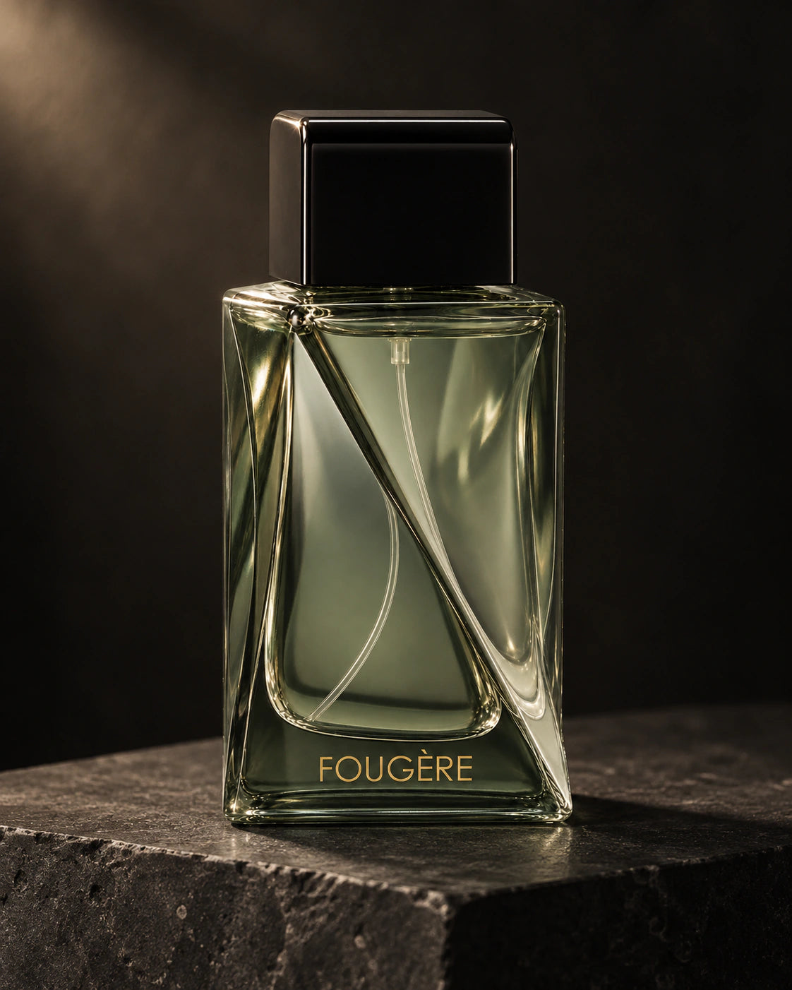 Fougère 75 ml bottle photographed on dark honed stone