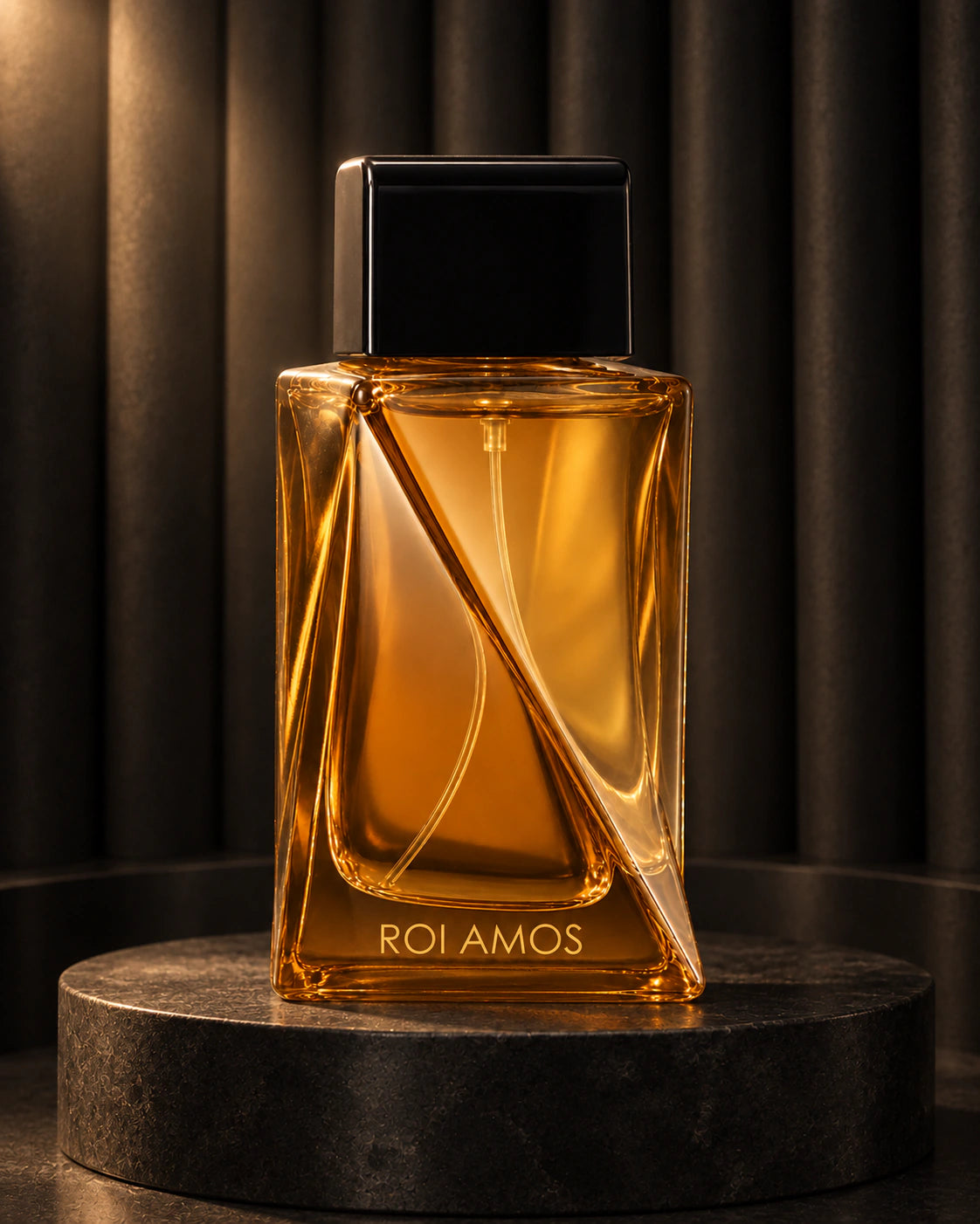 Roi Amos 75 ml bottle on a circular charcoal podium against a fluted backdrop
